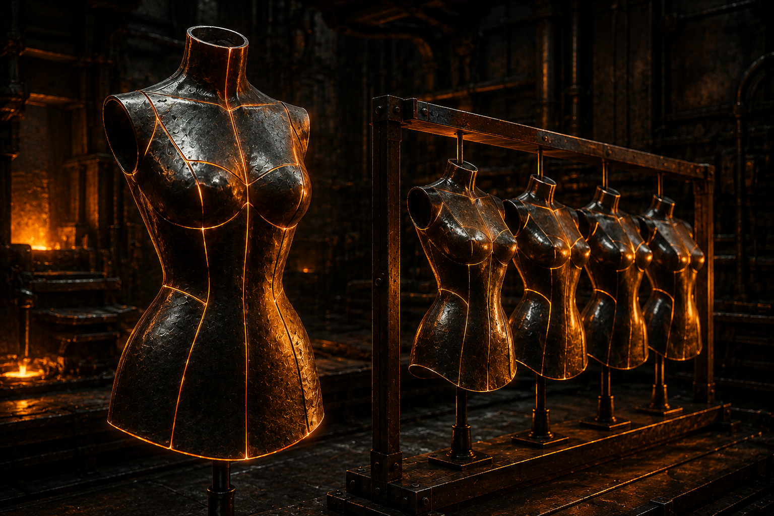 Forged garment variants linked to a single glowing anchor node, representing variants sharing one item group ID