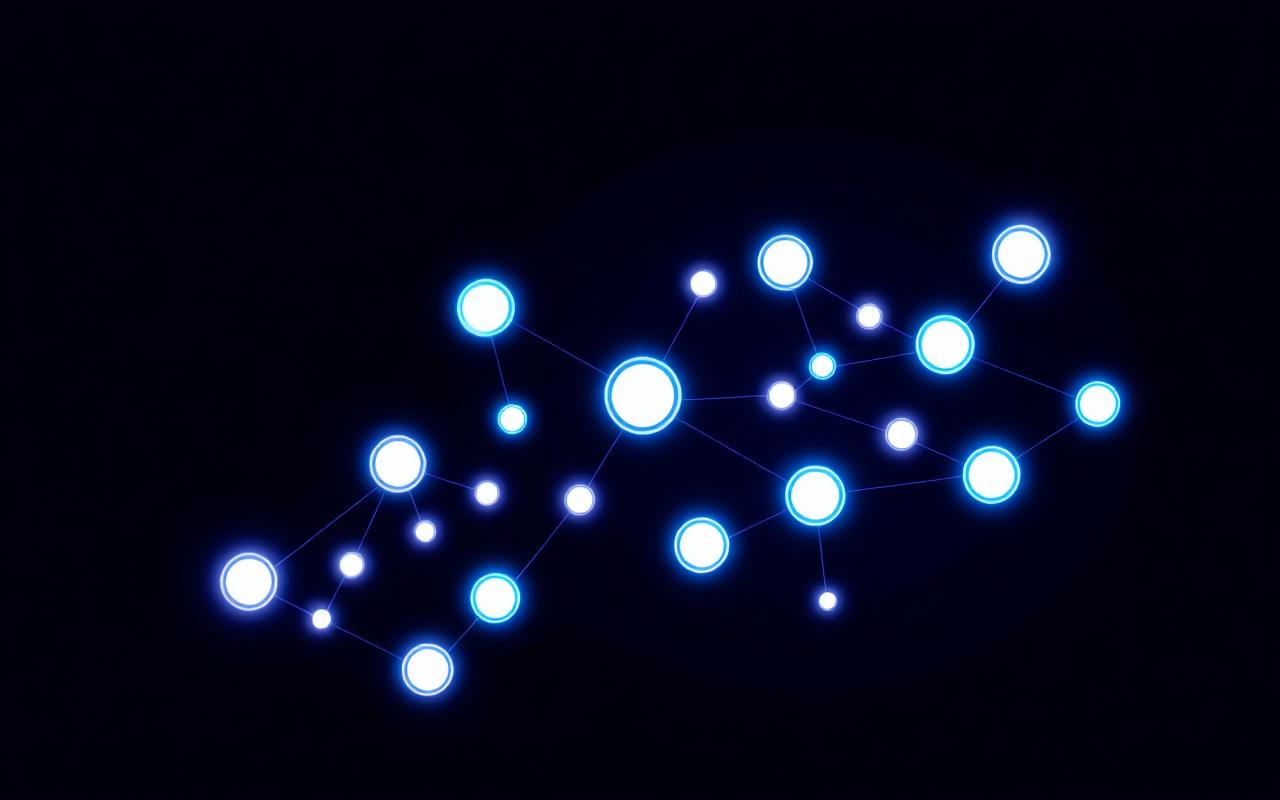 Glowing node-based flowchart on dark background